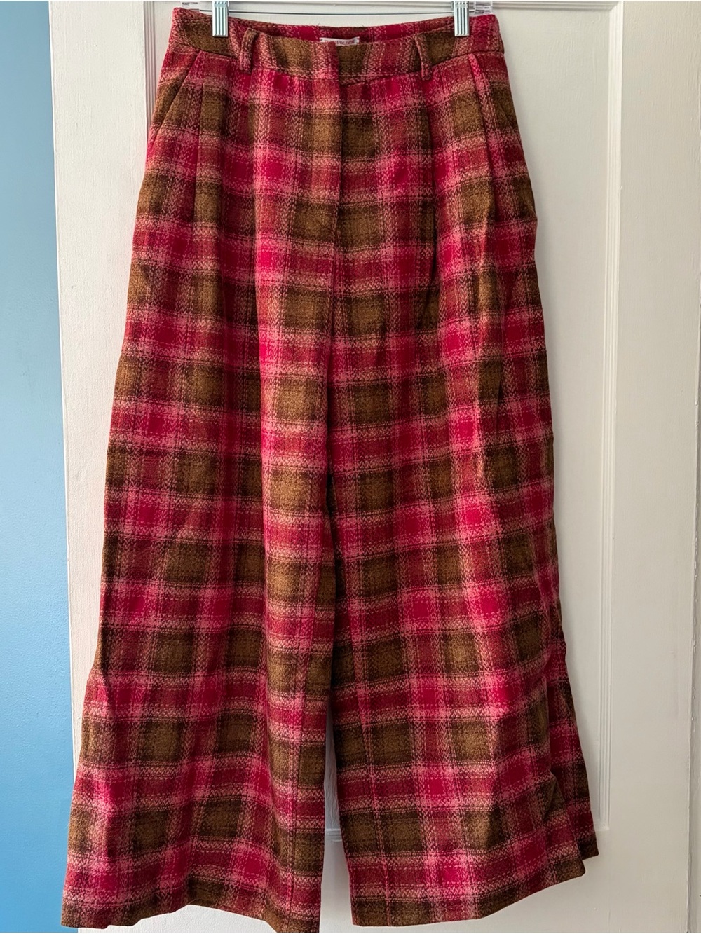 Frances Valentine Bossy Pants Pant in Yorkshire Plaid Pink Brown Red Wool - Picture 2 of 3